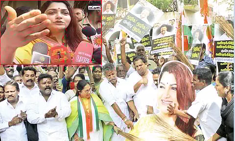 குஷ்புவுக்கு எதிராக காங்கிரசார் போராட்டம்; உருவ பொம்மை எரிப்பு-100 பேர் கைது