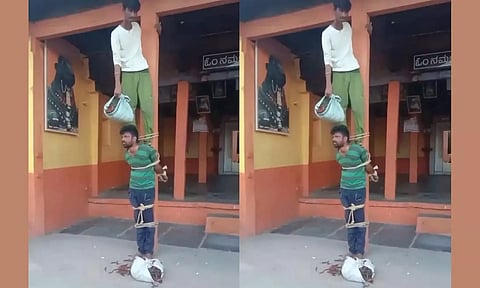 கோவில் தூணில் கட்டி வைக்கப்பட்ட வாலிபர்கள்.