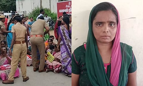 சாலை மறியலில் ஈடுபட்டவர்களிடம் போலீசார் பேச்சு வார்த்தை நடத்திய காட்சி, கைதான மேலாளர் வனிதா.&nbsp;