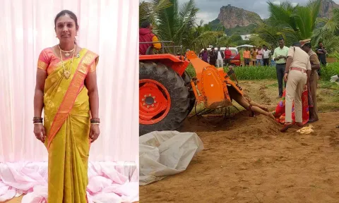 டிராக்டரில் சிக்கி பலியான புஷ்பாவின் உடலை போலீசார் பார்வையிட்ட காட்சி.&nbsp;