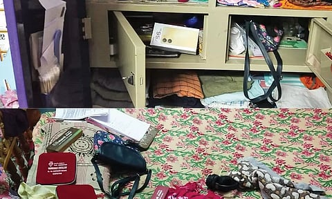 கொள்ளையடிக்கப்பட்ட வீட்டில் பீரோ உடைக்கப்பட்டிருப்பதையும், பொருட்கள் சிதறி கிடப்பதையும் காணலாம்