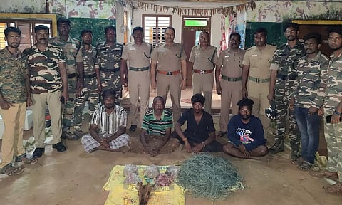 மானை வேட்டையாடி கைதான 4 பேரை காணலாம்.