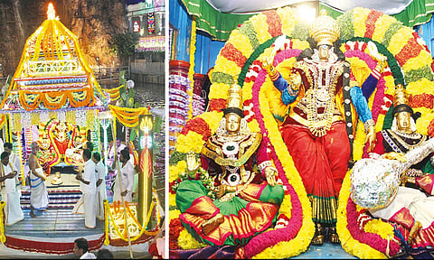 தெப்போற்சவம்: காமாட்சி, லட்சுமி, சரஸ்வதி தேவியர் தெப்பத்தில் பவனி