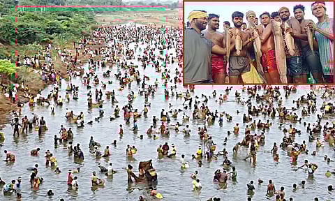 மீன்பிடி திருவிழா: குடும்பம் குடும்பமாக கண்மாயில் இறங்கி போட்டி போட்டு மீன்பிடித்த கிராம மக்கள்