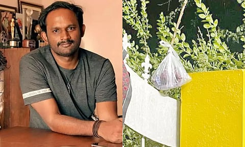 திரைப்பட இயக்குனர் மணிகண்டன் வீட்டில் கொள்ளை அடிக்கப்பட்ட தேசிய விருதுகளை பையில் கட்டி வீட்டின் வாசலில் கொள்ளையர்கள் விட்டு சென்றதை காணலாம்.