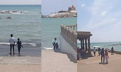 கன்னியாகுமரி கடற்கரையில் உலா வரும் காதல் ஜோடிகளை காணலாம்