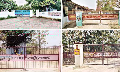 சிவகாசி, வெம்பக்கோட்டை மற்றும் அதன் சுற்றுவட்டார பகுதிகளில் வேலைநிறுத்தம் காரணமாக பட்டாசு தொழிற்சாலைகள் மூடப்பட்டுள்ள காட்சி