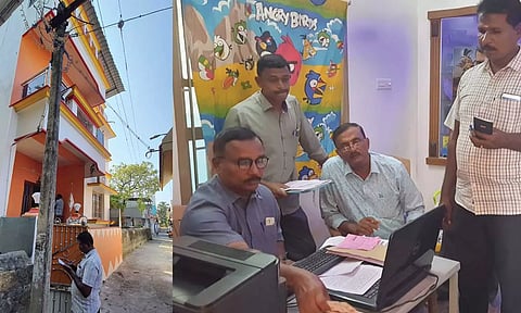 லஞ்ச ஒழிப்பு போலீசார் சோதனை நடத்திய வேலம்மாள் வீட்டையும், போலீசார் ஆவணங்களை சரிபார்த்ததையும் படத்தில் காணலாம்.