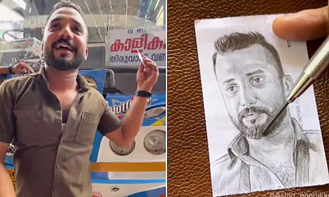 பஸ் டிக்கெட்டில் கண்டக்டர் படத்தை வரைந்த வாலிபர்