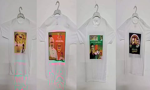 பாராளுமன்ற தேர்தல் பிரசாரத்திற்காக திருப்பூரில் தயாரிக்கப்பட்ட அரசியல் கட்சிகளின் சின்னம், கொடி அச்சிடப்பட்ட டி-சர்ட் பனியன்கள்.