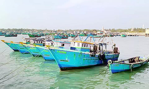 ராமேசுவரம் மீனவர்கள் காலவரையற்ற வேலைநிறுத்த போராட்டம் காரணமாக துறைமுகத்தில் 750-க்கும் மேற்பட்ட விசைப்படகுகள் நிறுத்தப்பட்டுள்ளதை காணலாம்
