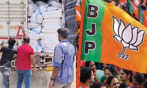 மூட்டை மூட்டையாக கொண்டு வரப்பட்ட பாஜக கொடி, தொப்பிகள் பறிமுதல்