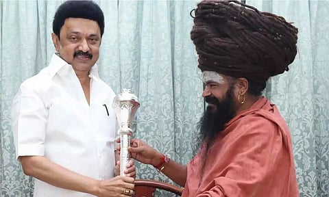 முதல்வர் மு.க. ஸ்டாலின் கையில் வெள்ளி செங்கோல் கொடுத்த தருமபுரம் ஆதீனம்