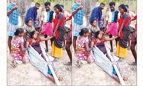 சிகிச்சைக்காக கர்ப்பிணி பெண்ணை தொட்டில் கட்டி தூக்கி வந்த மலைவாழ் மக்கள்.