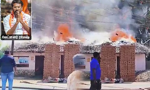 நாகை பாஜக வேட்பாளரை வரவேற்க பாஜகவினர் பட்டாசு வெடித்ததால் 2 குடிசை வீடுகள் தீக்கிரையானது