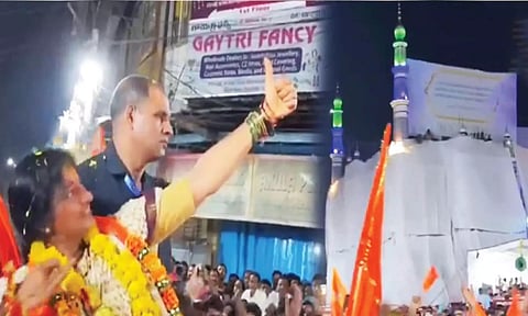மசூதியை நோக்கி வில் அம்புகளை ஏவுவது போல் செய்கை செய்த ஹைதராபாத் பாஜக பெண் வேட்பாளர்
