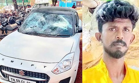 டிபன் பாக்ஸ் வெடிகுண்டு வீசப்பட்ட காரின் கண்ணாடி உடைந்திருக்கும் காட்சி- காயம் அடைந்த நவீன்குமார்