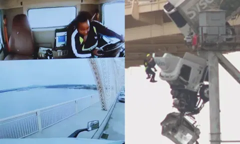 பாலத்திலிருந்து அந்தரத்தில் தொங்கிய டிரக் - விபத்துக்கு சில நொடிகளுக்கு முன்.. பதறவைக்கும் காட்சிகள்