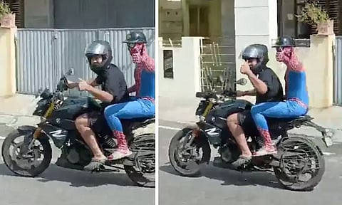 மோட்டார் சைக்கிளில் சென்ற ஸ்பைடர்மேன்- வீடியோ