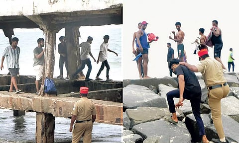 புதுச்சேரி கடற்கரையில் குடிபோதையில் ரகளை செய்த சுற்றுலா பயணிகளை விரட்டியடித்த போலீசார்