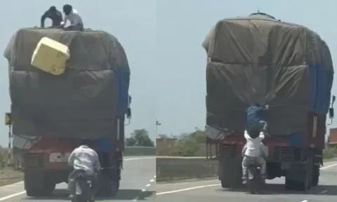 சினிமா பாணியில் கைவரிசை.. ஓடும் லாரியில் இருந்து கொள்ளையடித்த பைக் திருடர்கள்- வைரலாகும் வீடியோ