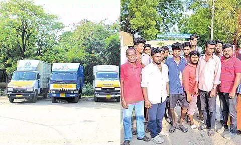 வாடகை வேன்கள் நிறுத்தி வைக்கப்பட்டுள்ள காட்சி - போராட்டத்தில் ஈடுப்பட்ட வாகன உரிமையாளர்கள்