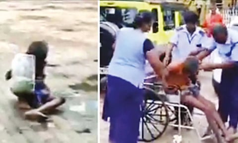 நெல்லை அரசு ஆஸ்பத்திரியில் மழையில் தவழ்ந்து சென்ற நோயாளி