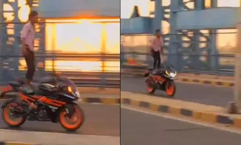 ஓடும் பைக்கில் டைட்டானிக் 'போஸ்' கொடுத்து சாகசம் செய்த வாலிபர்