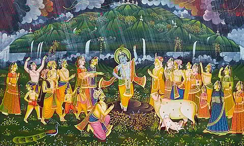 ஒரு விரலில் கோவர்த்தன கிரியைக் குடையாக பிடித்த கண்ணன்