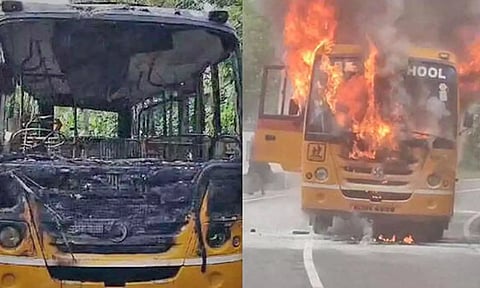 பள்ளி வாகனத்தில் திடீர் தீ- 17 மாணவர்கள் உயிர் தப்பினர்