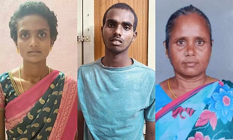 கைது செய்யப்பட்ட பவித்ரா, மணிகண்டன். கொலை செய்யப்பட்ட அலமேலு