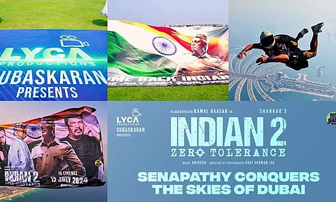 துபாயில் ஸ்கை டைவிங் மூலம் இந்தியன் 2 புரோமோஷன்- வைரல் வீடியோ