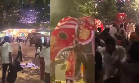 கோவில் விழாவில் யானைகள் கட்டுப்பாட்டை இழந்ததால் அலறியடித்து ஓடிய மக்கள்.. 13 பேர் படுகாயம் - வீடியோ