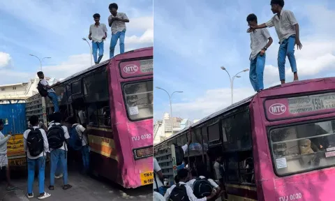 சென்னை வேப்பேரியில் பஸ்சின் மேற்கூரையில் ஏறி ஆட்டம் போட்ட பள்ளி மாணவர்கள்