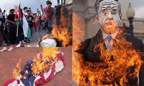 தேசியக் கொடி எரிப்பு.. 200 பேர் கைது - அமெரிக்கா வந்த நேதன்யாகுவுக்கு எதிராக வலுக்கும் போராட்டம்