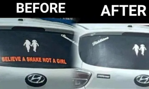 சீரும் பாம்பை நம்பு... காரில் ஒட்டப்பட்டிருந்த பெண்களை அவமதிக்கும் ஸ்டிக்கரை அகற்றிய போலீஸ்