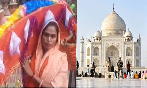 தாஜ்மஹாலில் கங்கை நீரை தெளிக்க அத்துமீறி நுழைய முயன்ற பெண்... தடுத்து நிறுத்திய போலீஸ்