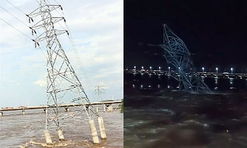 கொள்ளிடம் ஆற்றில் சாய்ந்து விழுந்த மின்கோபுரம்- வீடியோ