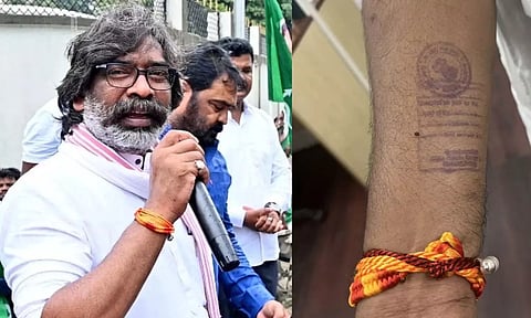 'ஜனநாயகம் எதிர்கொண்டுள்ள சவால்களின் குறியீடு இது'.. கையில் கைதி முத்திரையுடன் ஹேமந்த் சோரன் விளாசல்