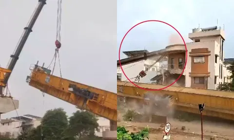 மெட்ரோ பணியின்போது திடீரென விழுந்த ராட்சத கிரேன்- வீடியோ