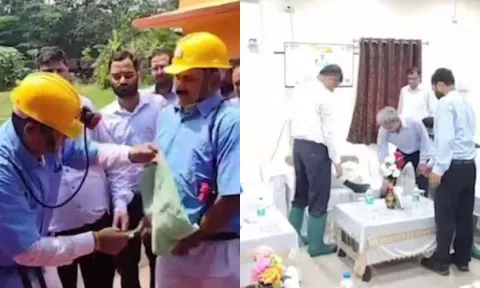 மத்திய அமைச்சரின் ஷூவை கழற்றி பைஜாமாவை அட்ஜஸ்ட் செய்துவிடும் அரசு அதிகாரி - சர்ச்சை வீடியோ
