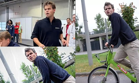 போட்டிக்கு சைக்கிளில் லேட்டா வந்த கார்ல்சன்.. காப்பாற்றிய போட்டோகிராபர் - செஸ் ஒலிம்பியாடில் சுவாரஸ்யம்