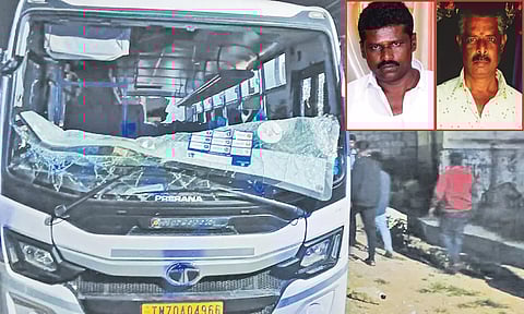 அடித்து நொறுக்கப்பட்ட தனியார் நிறுவன பஸ் - விபத்தில் உயிரிழந்த குமார் - கணேஷ்