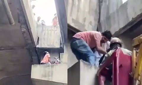 பாலத்தில் இருந்து ஒரே ஜம்ப்.. ஜஸ்ட் மிஸ்ஸில் உயிர் தப்பிய பெண் - மீட்பு வீடியோ வைரல்