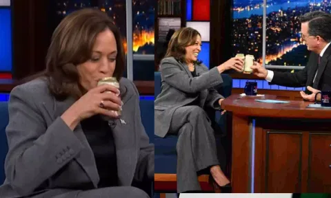 சீயர்ஸ்! லேட் நைட் ஷோவில் பீர்  குடித்து CHILL செய்த கமலா ஹாரிஸ்.. கருத்துக்கணிப்பால் குஷி - வீடியோ