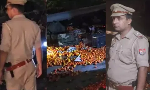 விக்கிற விலைவாசிக்கு.. ரோட்டில் கொட்டிய தக்காளிகளை இரவு முழுக்க காவல்  காத்த உ.பி. போலீஸ் - வீடியோ