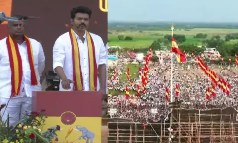 த.வெ.க. முதல் மாநில மாநாடு- கட்சிக் கொடியை ஏற்றினார் விஜய் - தொண்டர்கள் ஆரவாரம்