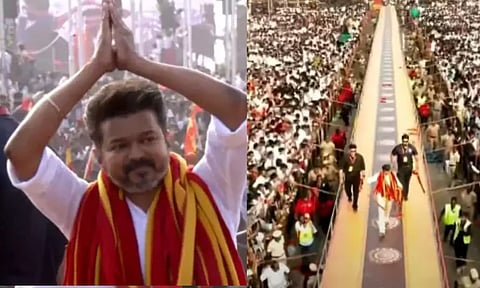 தொண்டர்கள் வீசிய அன்புக் கொடியை தோளில் அணிந்த விஜய்.. மேடையில் மொழிப்போர் தியாகிகளுக்கு மரியாதை