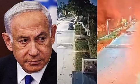 இஸ்ரேல் பிரதமர் நேதன்யாகு வீட்டின் மீது வெடிகுண்டு தாக்குதல்..   பற்றி எரிந்த தீ - பரபரப்பு வீடியோ