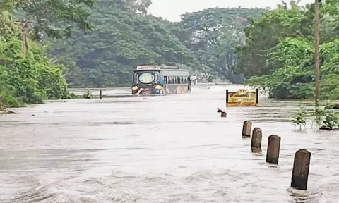 தரைப்பாலத்தை கடந்த போது வெள்ளத்தில் சிக்கிய பஸ்